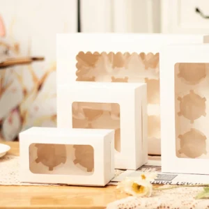 White cupcake boxes with clear windows and inserts for 2, 4, 6 and 12 cupcakes