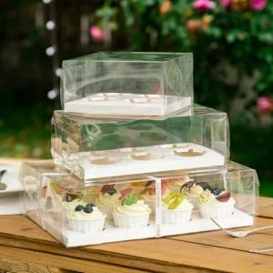 Clear plastic cupcake boxes in multiple sizes for bakery and dessert display